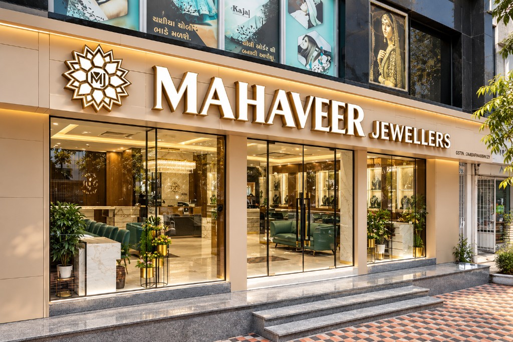 Mahaveer Jewellers showroom front with illuminated signage