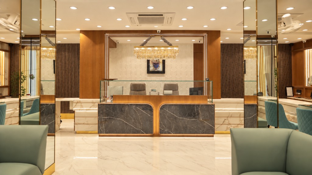 Showroom reception with crystal chandelier