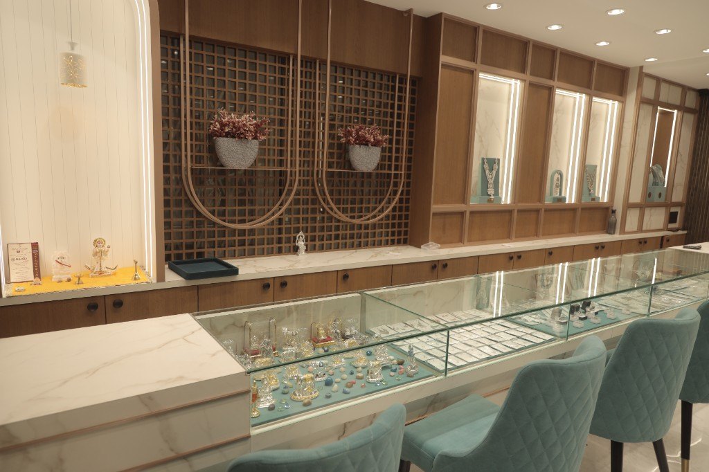 Jewellery displays inside the Mahaveer Jewellers showroom